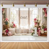 Lofaris Pink and White Floral Boho 1st Birthday Backdrop, Elegant Photography Background for Cake Smash Party Decor