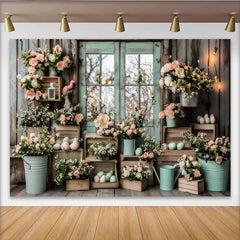 Lofaris Rustic Wood Easter Backdrop with Pastel Flowers and Eggs, Mint Green Window Photography Background for Spring