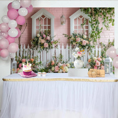 Lofaris Pink Brick Wall Floral Garden Photography Backdrop with White Windows and Roses, Elegant Picket Fence Scene for Studio Photoshoot
