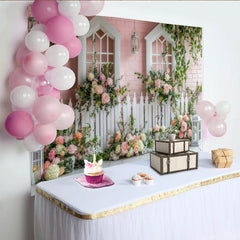 Lofaris Pink Brick Wall Floral Garden Photography Backdrop with White Windows and Roses, Elegant Picket Fence Scene for Studio Photoshoot