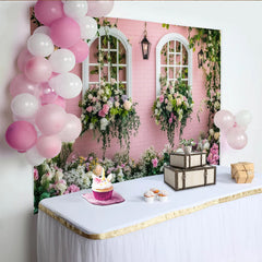 Lofaris Pink Floral Window Photography Backdrop with Hanging Lanterns, Elegant Garden Wall Decor for Professional Portrait