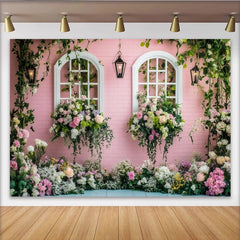 Lofaris Pink Floral Window Photography Backdrop with Hanging Lanterns, Elegant Garden Wall Decor for Professional Portrait