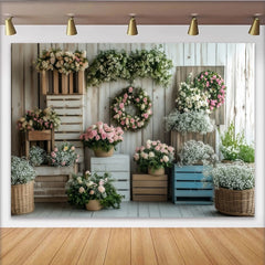 Lofaris Rustic Floral Photography Backdrop with Roses and Wood Crates, Elegant Flower Wall Decor for Professional Portrait