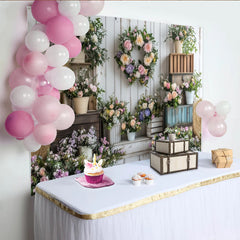 Lofaris Rustic Floral Photography Backdrop with Pastel Flowers and White Wood Wall, Elegant Studio Background for Spring Photoshoot