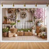 Lofaris Rustic White Picket Fence Easter Photography Backdrop with Pink Cherry Blossoms and Spring Flowers, Studio Background for Portraits