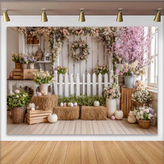 Lofaris Rustic White Picket Fence Easter Photography Backdrop with Pink Cherry Blossoms and Spring Flowers, Studio Background for Portraits