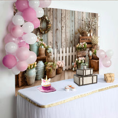 Lofaris Rustic Wood Wall Spring Photography Backdrop with Pastel Flowers, White Picket Fence and Easter Eggs, Studio Photo Background