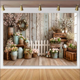 Lofaris Rustic Wood Wall Spring Photography Backdrop with Pastel Flowers, White Picket Fence and Easter Eggs, Studio Photo Background