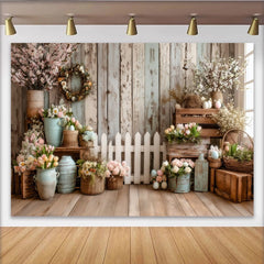 Lofaris Rustic Wood Wall Spring Photography Backdrop with Pastel Flowers, White Picket Fence and Easter Eggs, Studio Photo Background