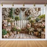 Lofaris Rustic Easter Spring Backdrop with White Flowers, Eggs and Wooden Fence, Photography Background for Holiday Party Decor