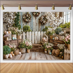 Lofaris Rustic Easter Spring Backdrop with White Flowers, Eggs and Wooden Fence, Photography Background for Holiday Party Decor