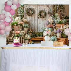 Lofaris Rustic Wooden Door Easter Backdrop with Pastel Flowers and Eggs, Elegant Spring Photography Background for Festive Holiday Decor