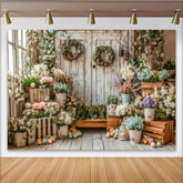Lofaris Rustic Wooden Door Easter Backdrop with Pastel Flowers and Eggs, Elegant Spring Photography Background for Festive Holiday Decor