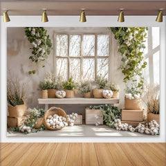 Lofaris Rustic Farmhouse Window Photography Backdrop with Cotton and Eucalyptus, Natural Light Studio Background for Photoshoot