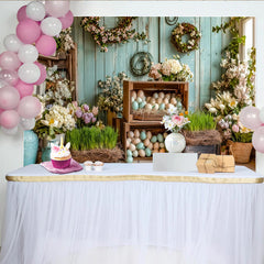 Lofaris Rustic Blue Wood Easter Backdrop with Pastel Eggs and Spring Flowers, Charming Farmhouse Photography Background for Holiday Party Decor