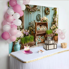 Lofaris Rustic Blue Wood Easter Backdrop with Pastel Eggs and Spring Flowers, Charming Farmhouse Photography Background for Holiday Party Decor