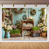 Lofaris Rustic Blue Wood Easter Backdrop with Pastel Eggs and Spring Flowers, Charming Farmhouse Photography Background for Holiday Party Decor