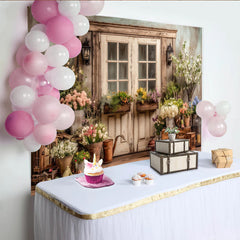 Lofaris Rustic Floral Door Photography Backdrop with Garden Flowers, Charming Wooden Wall Background for Studio Photoshoot