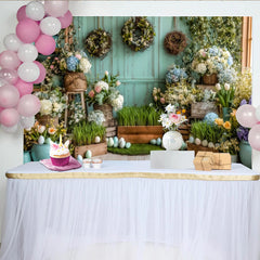 Lofaris Pastel Easter Backdrop with Spring Flowers and Eggs, Rustic Wood Wall Photography Background for Holiday Party