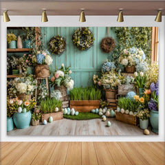 Lofaris Pastel Easter Backdrop with Spring Flowers and Eggs, Rustic Wood Wall Photography Background for Holiday Party