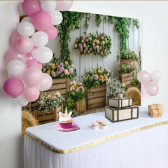 Lofaris Rustic Floral Photography Backdrop with White Wood Wall, Lush Vines and Hay Bales, Elegant Garden Photo Background for Studio Portrait.
