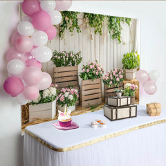Lofaris Rustic White Wood Floral Photography Backdrop with Pink and White Flowers, Studio Background for Spring Photoshoot and Event Decor