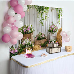Lofaris Rustic White Wood Floral Photography Backdrop with Pink and White Flowers, Elegant Studio Background for Spring Photoshoot