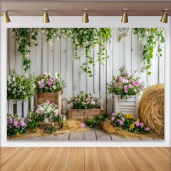 Lofaris Rustic White Wood Floral Photography Backdrop with Pink and White Flowers, Elegant Studio Background for Spring Photoshoot
