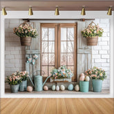 Lofaris Rustic Easter Photography Backdrop with Spring Flowers, Pastel Eggs, Farmhouse Window Background for Studio Portraits and Holiday Decor