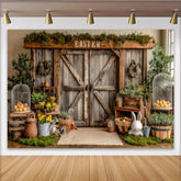 Lofaris Rustic Barn Door Easter Backdrop with Moss, Yellow Flowers and Bunny, Spring Holiday Photography Background for Studio