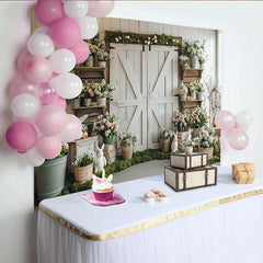 Lofaris Rustic Barn Door Easter Photography Backdrop with Spring Flowers and Bunnies, Holiday Party Decor for Photoshoot