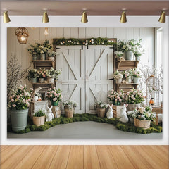 Lofaris Rustic Barn Door Easter Photography Backdrop with Spring Flowers and Bunnies, Holiday Party Decor for Photoshoot