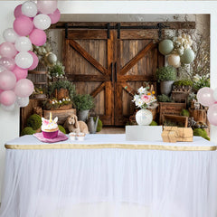 Lofaris Rustic Barn Door Easter Backdrop with Cute Bunnies and Pastel Eggs, Spring Holiday Photography Background for Party Decor