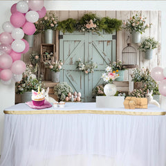 Lofaris Rustic Barn Door Easter Backdrop with Pastel Flowers and Bunnies, Spring Holiday Background for Photoshoot