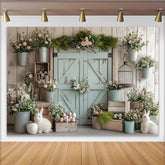Lofaris Rustic Barn Door Easter Backdrop with Pastel Flowers and Bunnies, Spring Holiday Background for Photoshoot