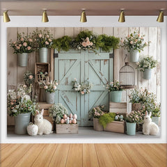 Lofaris Rustic Barn Door Easter Backdrop with Pastel Flowers and Bunnies, Spring Holiday Background for Photoshoot