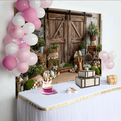 Lofaris Rustic Barn Door Easter Photography Backdrop with Greenery and Eggs, Charming Spring Farm Background for Photoshoot and Party Decor