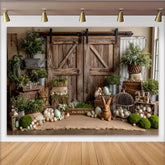 Lofaris Rustic Barn Door Easter Photography Backdrop with Greenery and Eggs, Charming Spring Farm Background for Photoshoot and Party Decor