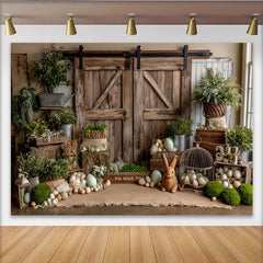 Lofaris Rustic Barn Door Easter Photography Backdrop with Greenery and Eggs, Charming Spring Farm Background for Photoshoot and Party Decor