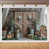 Lofaris Rustic Barn Door Easter Backdrop with Bunnies and Eggs, Spring Floral Photography Background for Farmhouse Party Decor