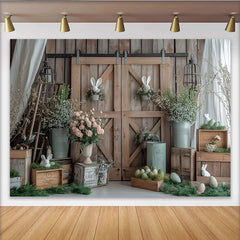 Lofaris Rustic Barn Door Easter Backdrop with Bunnies and Eggs, Spring Floral Photography Background for Farmhouse Party Decor