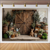 Lofaris Rustic Wooden Barn Door Easter Photography Backdrop with Greenery and Eggs, Charming Spring Studio Background for Holiday Photoshoot