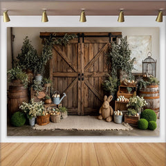 Lofaris Rustic Wooden Barn Door Easter Photography Backdrop with Greenery and Eggs, Charming Spring Studio Background for Holiday Photoshoot