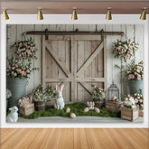 Lofaris Rustic Barn Door Easter Photography Backdrop with White Bunnies, Charming Spring Floral Studio Background for Holiday Photos