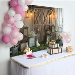 Lofaris Rustic Easter Backdrop with White Rabbits and Yellow Eggs, Spring Farmhouse Photography Background for Holiday Party