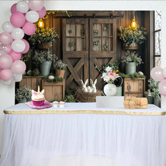 Lofaris Rustic Barn Door Easter Photography Backdrop with Bunnies and Eggs, Spring Holiday Background for Festive Photoshoots and Decor