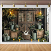 Lofaris Rustic Barn Door Easter Photography Backdrop with Bunnies and Eggs, Spring Holiday Background for Festive Photoshoots and Decor
