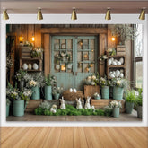 Lofaris Rustic Easter Backdrop with White Bunnies and Spring Flowers, Farmhouse Photography Background for Holiday Party Decor