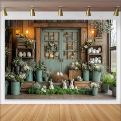 Lofaris Rustic Easter Backdrop with White Bunnies and Spring Flowers, Farmhouse Photography Background for Holiday Party Decor
