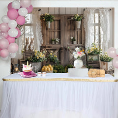 Lofaris Rustic Wooden Door Easter Backdrop with Spring Flowers and Bunnies, Farmhouse Photography Background for Holiday Decor